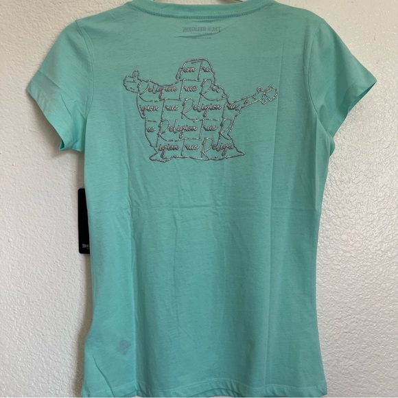 True Religion Women’s Mint Yucca V Neck Buddha Script T-Shirt NWT Small - Picture 7 of 10